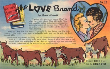 Featured is a "Postcard Storiette" from the 1930s Postcard Storiette Series.  In "The Love Brand", Romance combines with a True Western to make for great graphics and an easy, entertaining read.  The same characteristics apply to vintage paperbacks and explain why so many people like to read and collect them.  Great "pulpy" cover art and a genre to suit every taste ... romance, fiction, nonfiction, westerns, mystery, adventure ... whatever suits your taste.  Back then, paperbacks were cheap and were meant to be tossed or passed on after reading.  Hence, the "not so cheap" price of vintage paperbacks today.  The original unused postcard pictured is for sale (along with others from the Series) in The unltd.com Store.
